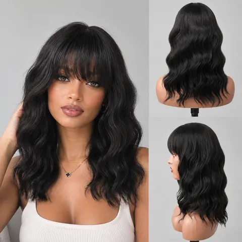 Nokoari Short Wavy Bob Wig With Bangs, 14in Machine Made Synthetic Heat Resistant Wig for Women