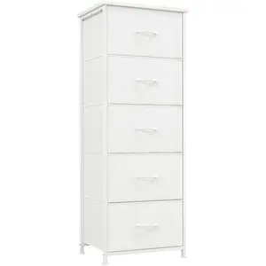 Tall dresser for bedroom with 5 drawers, storage organizer chest of drawers with removable fabric bins for closet, bedside, living room, laundry room, entryway, hallway, white leather
