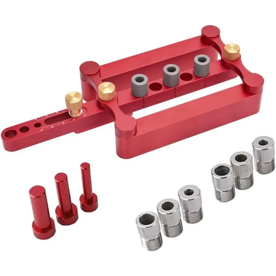 Self Centering Doweling Jig Kit for Woodworking Joinery Drilling, Red Wave Hardware Adjustable Jig with 6/8/10mm Positioner Locator, Aluminum Guide & Dowel Pins Set for Precise Punching