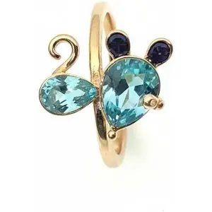Gold Bee Ring with Aqua Blue and Navy Crystal Stones, Adjustable Wrap Design, Animal Jewelry