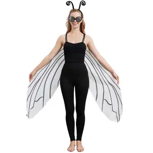 Women's Fly Wings & Eyeglasses Headband Set, Polyester Insect Costume Accessory, Comfortable Black Elastic Headband, Lightweight Translucent Wings, Oversized Adjustable-Strap Design, Ideal for Casual & Halloween Cosplay, Women's Clothes, Accessories