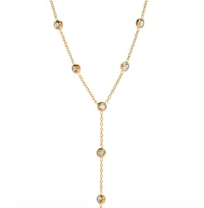 CORONÉ Round CZ Bezel Y Necklace for Women Stainless Steel Hypoallergenic Tarnish-Free Waterproof