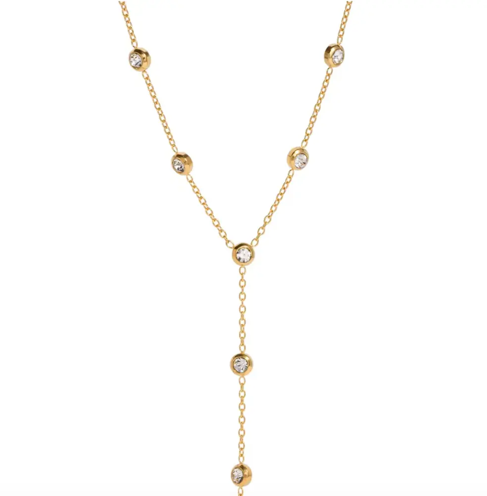 CORONÉ Round CZ Bezel Y Necklace for Women Stainless Steel Hypoallergenic Tarnish-Free Waterproof