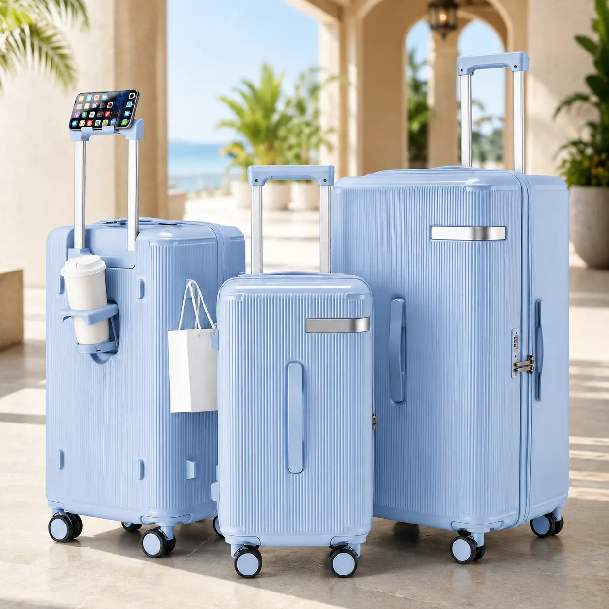 Ronasta 3-Piece Durable Lightweight Hardshell Luggage Set - Compact Modern Design, Cup Holder, Phone Mount, Spinner Wheels, Bag Hook, Organized Storage, Multiple Uses (Back to School)