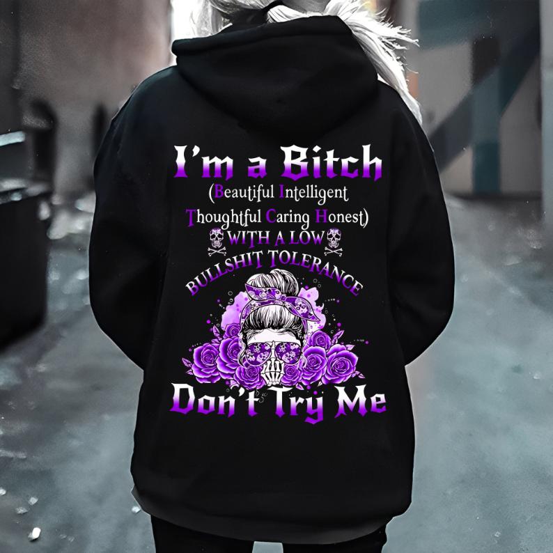 Yes I’m a B Flower Skull All Over Print Hoodie Don't Try Me I'm The B*tch Gen X Unisex Oversized Cotton Blend Casual Everyday Wear
