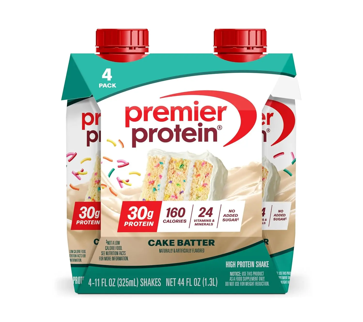 Premier Protein Shake, Cake Batter Flavor, 30g Protein, No Added Sugar, 24 Vitamins & Minerals for Immune Support, 11 fl oz, 4-Pack Meal Replacement Drink