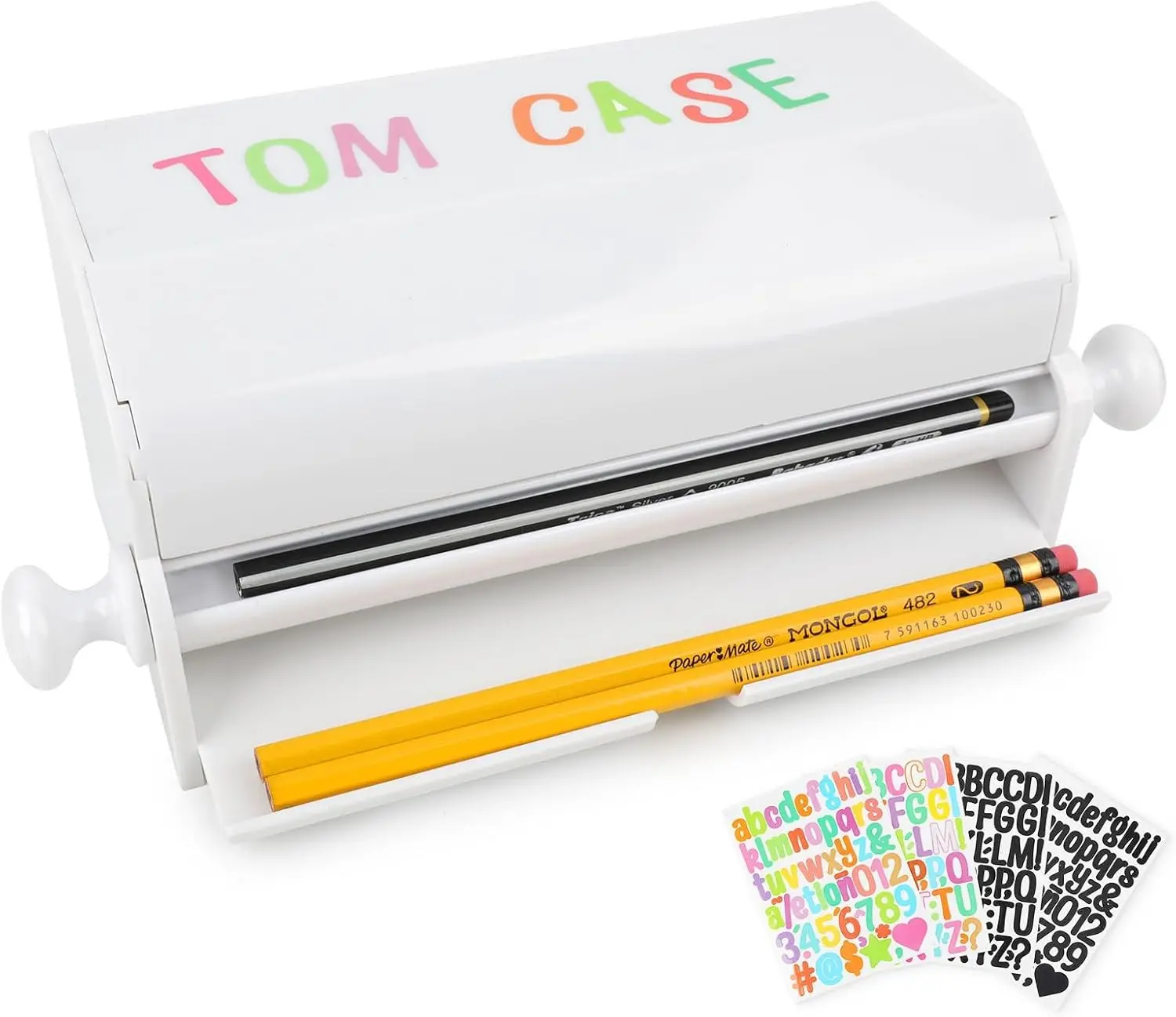 Pencil Dispenser for Classroom with 4 sheet Stickers,Acrylic Rolling Knob Pencil Holder for Desk,Pencil Storage Box for Office Use or Teacher Gift