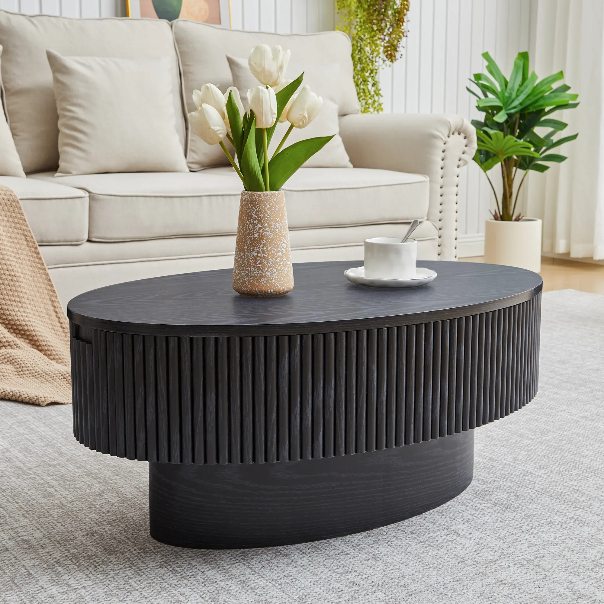 FurSch Fully Assembled Oval Coffee Table with Hidden Storage, Modern Wooden Fluted Center Table for Small Living Room, Apartment Spaces