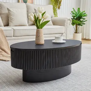FurSch Fully Assembled Oval Coffee Table with Hidden Storage, Modern Wooden Fluted Center Table for Small Living Room, Apartment Spaces