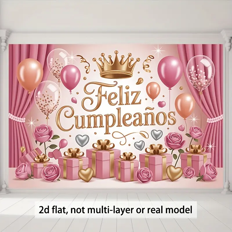 Elegant Festive Flower Design Birthday Backdrop, 100% Polyester Premium Soft Fade-Resistant Photography Banner with Pink Balloons, Golden Crown, "Feliz Cumpleaños" Text, Party Decoration Supplies for Celebrations, Elegant Festive Backdrops & Banners