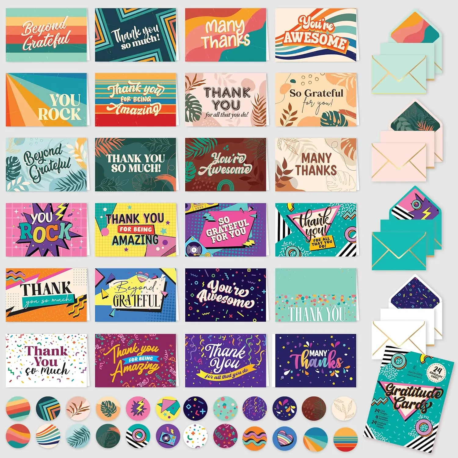 Thank You Cards 24 Pack 6x4in Gratitude Assorted Variety Pack with Envelopes and Stickers 8 Colorful Designs