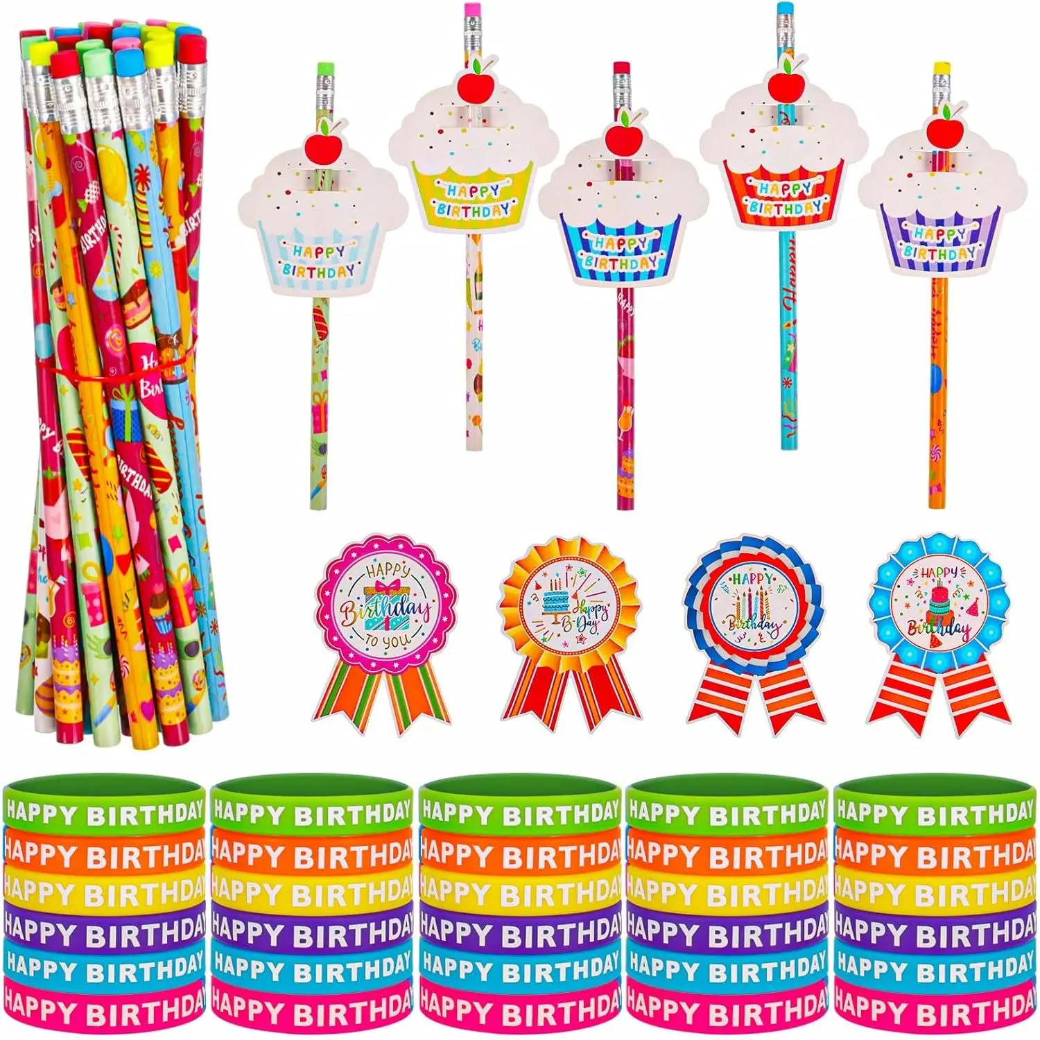 122-Count Classroom Birthday Party Supplies Set for Teachers - School Reward Pencils, Rubber Items, Bracelets, Stickers, Greeting Cards, Gifts, Photo Props (Multicolor) Birthday Gift Baskets Component, Happy Birthday