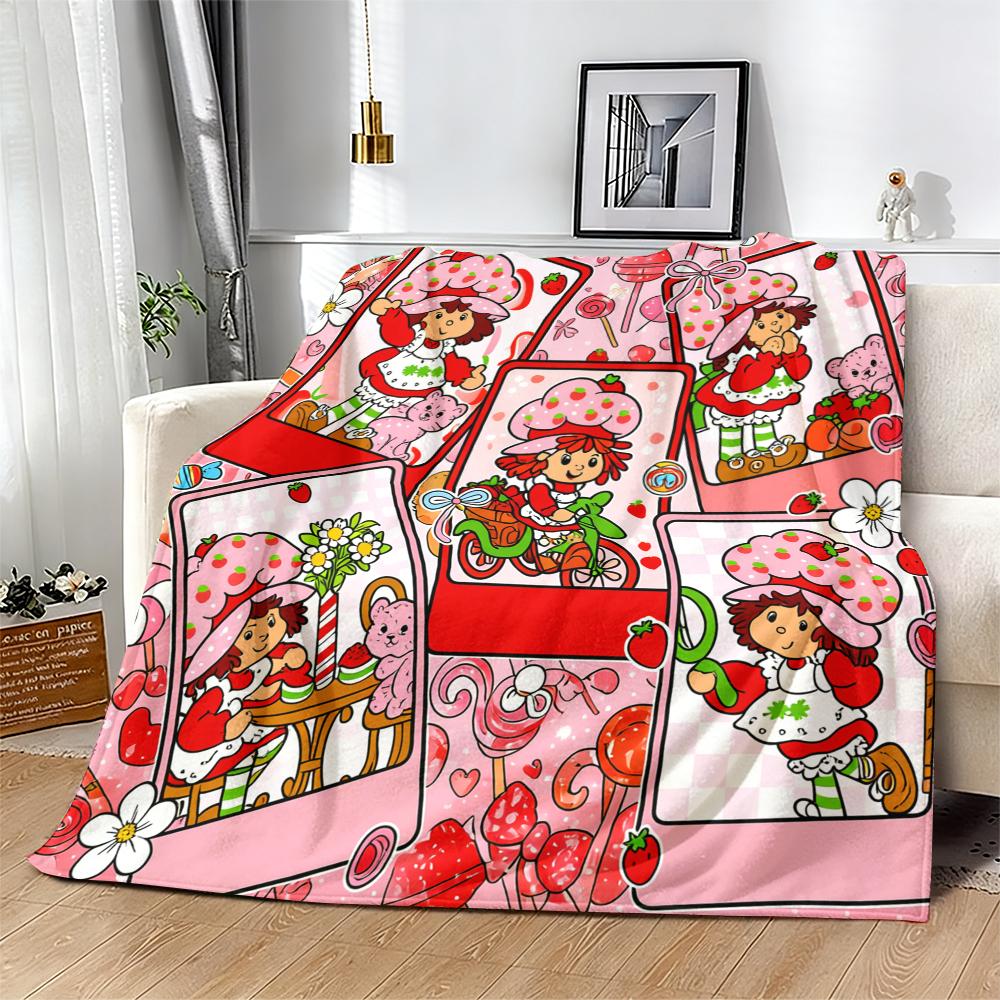 Strawberry Shortcake Flannel Throw Blanket, Sweet Strawberry Girl & Cat Design, Cartoon Pattern Blanket, Soft Lightweight Cozy, child Room Sofa Decor, Nostalgic Gift Suitable for all four seasons A gift suitable for fans, friends and children