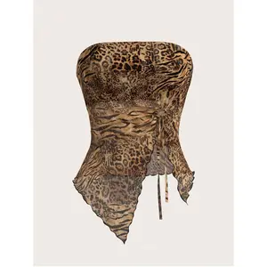 Cheetah Print Women Asymmetric Hem Leopard Print Mesh Cami Y2K Graphics Going Out Top