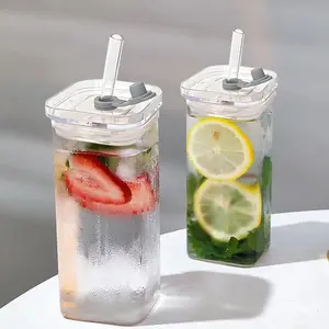 2PCS Square Glass Mug Set with Glass Lid & Straw, Portable Drinking Coffee Mug, Ideal Gift for Mug Collectors, Father’s Day Present, Multi-Size Cup for Office Home School Daily Use