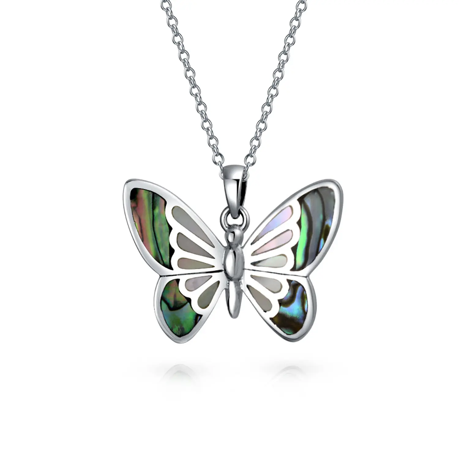 Iridescent Rainbow Abalone Shell Butterfly Pendant Necklace in Sterling Silver