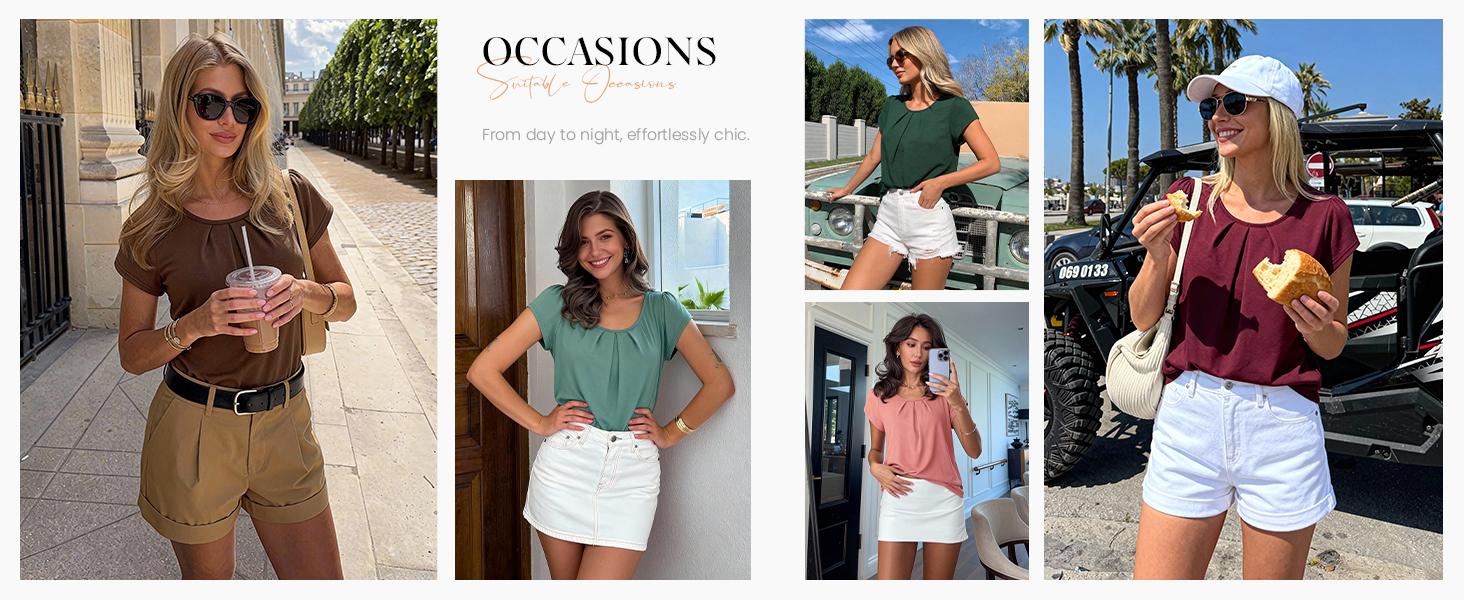 PrettyGarden Pleated Crew Neck Basic T Shirts Womens Tops Dressy Casual Summer Short Sleeve Blouses Spring Clothes