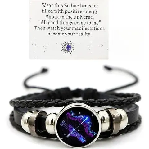 Zodiac Signs Leather Wrap Bracelet for Women Men - Adjustable Black 12-Constellation Glow-in-the-Dark Astrology Jewelry, Positive Energy Charm, Party & Everyday Adjustable Strap