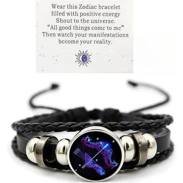 Zodiac Signs Spirit Bracelet - Adjustable 12 Constellation Black Leather Wrap Bracelet for Women Men with Positive Energy Glow-in-the-Dark Design Valentine’s Day Gift
