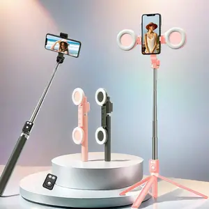 Retractable Phone Tripod with Dual Beauty Fill Lights, Portable Selfie Stick with BT Remote Control for Live Streaming, Phone Accessories, Selfie Stand