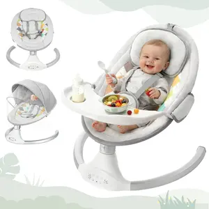 COMOMY Baby Swing for Infants, Baby Rocker with Dinner Plate, 5 Swing Speeds, Adapter Battery Operated, Indoor,Outdoor, Hands-Free Baby Soother, for Newborn Boy Girl, Grey
