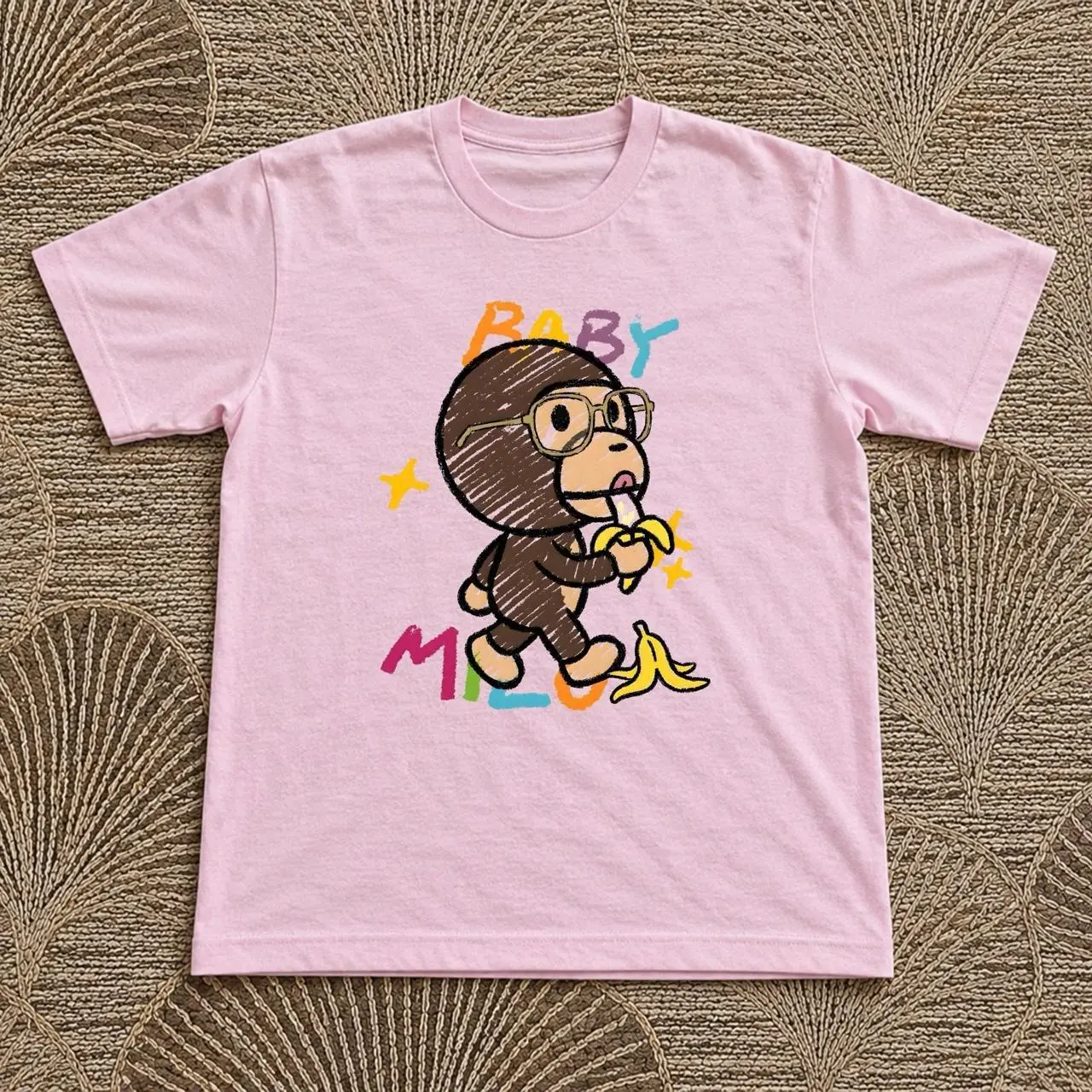 Baby Milo Pink Cotton T-Shirt with cartoon monkey holding a banana graphic