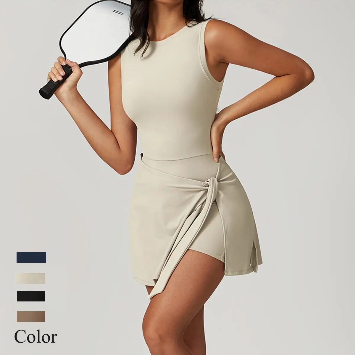 Womens Tennis Dress Sleeveless Yoga Golf Athletic Dresses Ruffle Side Slit Workout Dress Built in Shorts Athletic Sportwear High Stretch Knit Fabric M