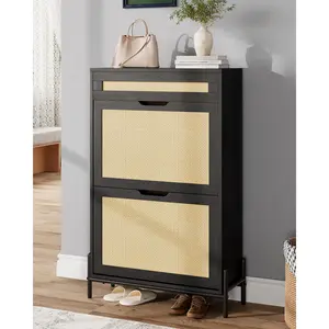 Rattan Shoe Cabinet with 2 Flip-Up Drawers & 1 Pull-Out Drawer – 24" Freestanding Shoe Storage Organizer, 3-Tier Adjustable Shelves Hidden Shoe Rack for Entryway, Hallway, Closet, Wooden