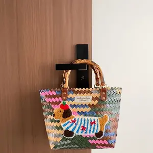 Large Capacity Retro Woven Tote Bag with Cow & Heart Charm Keychain, Vibrant Striped Design, Fixed Shoulder Straps, Ideal for Beach, Picnic & Shopping