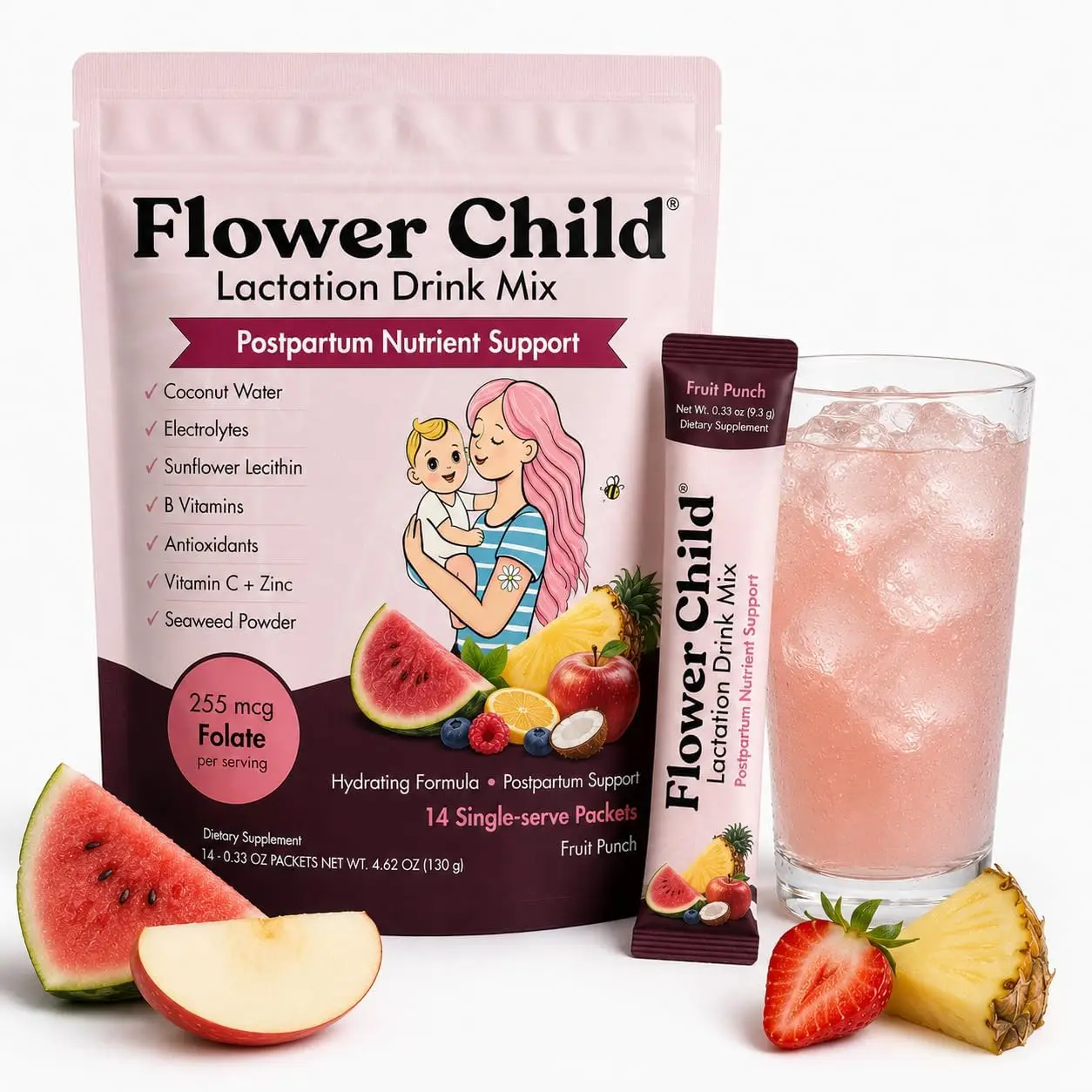 Flower Child Lactation Drink Mix for Breastfeeding Moms, Electrolyte Powder with Folate, Coconut Water, Vitamins C, B6, B12 & Zinc, Postpartum Hydration Daily Nutrition, 14 Stick Packs