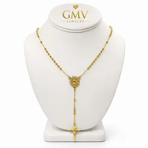 GMV Jewelry Princess Rosary 14k Gold Plated Gold-Toned Necklace with Crucifix and Beaded Chain for Women