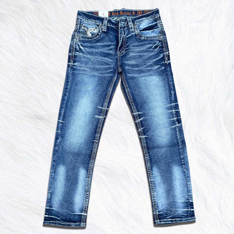 Rock Revival Blue Straight Leg Jeans for Men – Western Cowboy Embroidered Denim – Heavy Stitch Back Pocket – Y2K Street Style Jeans – Premium Vintage Wash