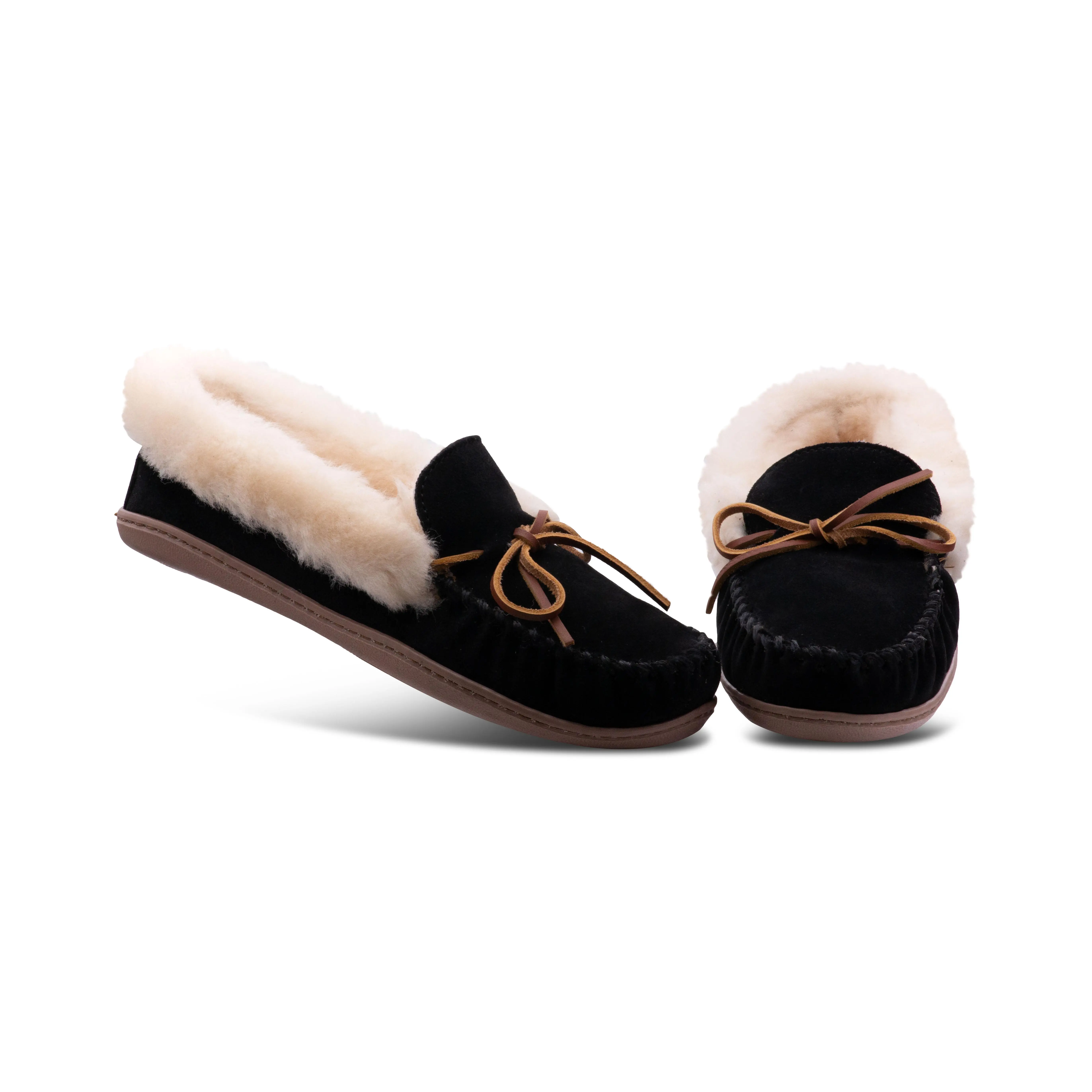 Minnetonka Womens Alpine Sheepskin Moccasin - Black Suede - Size 6 3370-BLACK-6