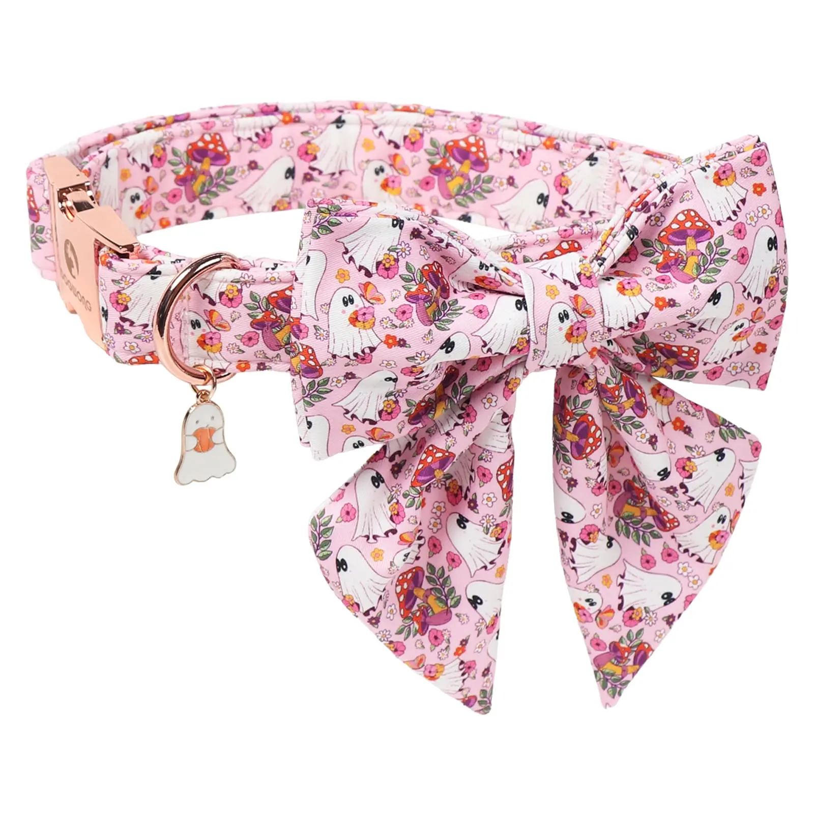 Halloween Pink Dog Collar with Sailor Bow, Cute Fall Floral Mushroom Ghost Girl Dog Collars for Small Medium Large Dogs