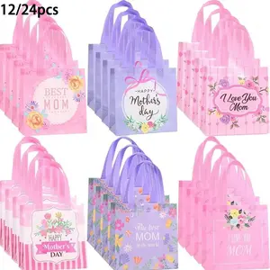 12/24 Mother's Day Gift Bags, Reusable Floral Print Handbags, Perfect for Mom's Birthday, Elegant Packaging for Gifts