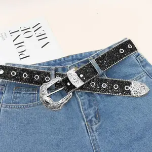 Sparkling Rhinestone Western Cowgirl Belt for Women - Floral Carved Buckle Waistband, Sweet Style Glitter Belt for Daily Commute & Casual Outfits, Stylish Outfit Accessory | Intricate Buckle Design, Ladies Belts