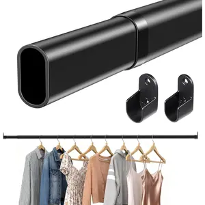 18-40 Inch Adjustable Expandable Oval Closet Rod, Black Heavy Duty Rust Proof Wardrobe Rod with End Supports for Hanging Clothes, Suitable for Laundry Room and RV