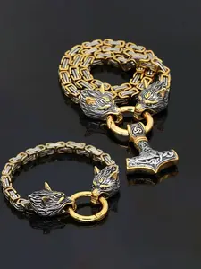 Vintage Viking Wolf Head Necklace and Bracelet Set, Men's Hammer Pendant Necklace, Punk Hip Hop Stylish Jewelry, Fashion Party Accessory