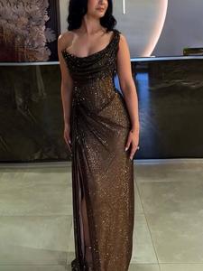 LikeMyChoice Elegant Sequin Slit Party Maxi Dress - Gold Sequined One Shoulder Floor Length Gown for Special Events