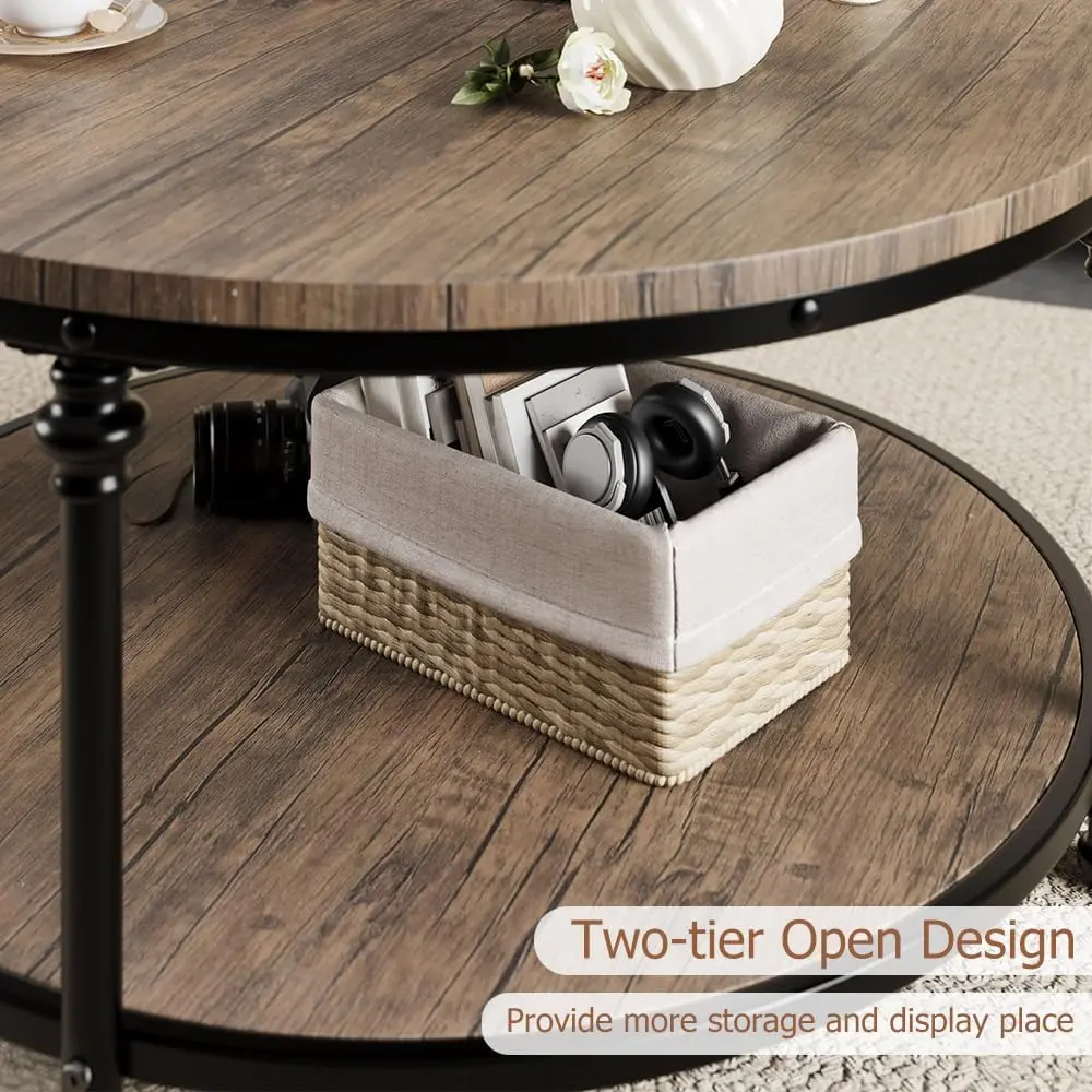 【Christmas Gift】Living Room Round Coffee Table Rustic Dining Table with Storage Shelf Wooden Round Coffee Table Brown