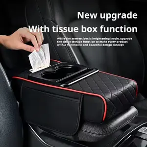 Nappa Leather Waterproof Thickened Multifunctional Car Armrest Box Heightening Pad, Central Console Organizer with 4-in-1 Armrest Elbow Pad, 2025 New Model High-End Car Storage Box with Cup Holder and Tissue Dispenser