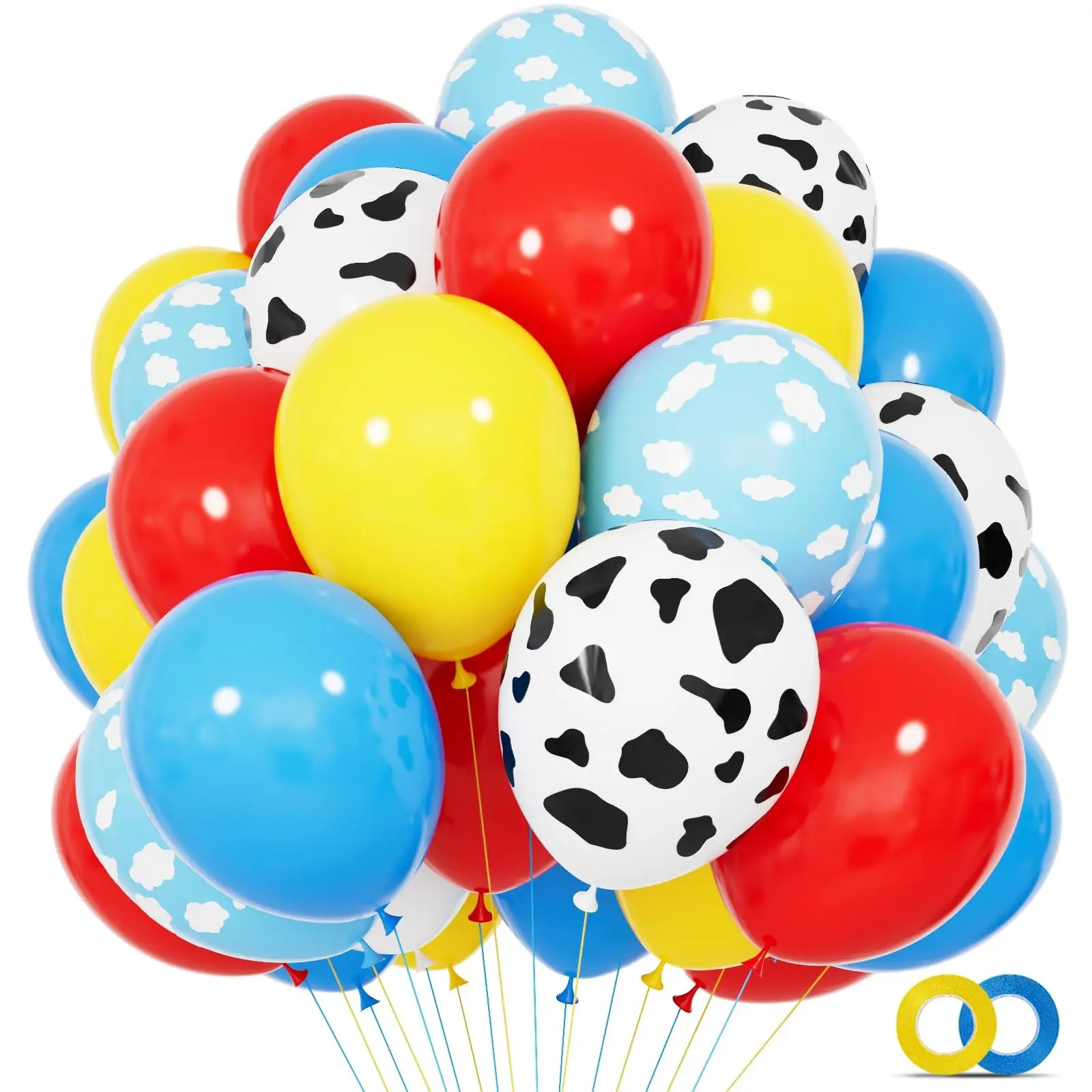 68 Red, Yellow, And Blue Round Toy Balloons, And 12-Inch Light Blue Cloud And Cow Pattern Balloons, Latex Balloons, Balloon Set, Suitable For Baby Birthday Story Time And Soccer-Themed Party Decorations.