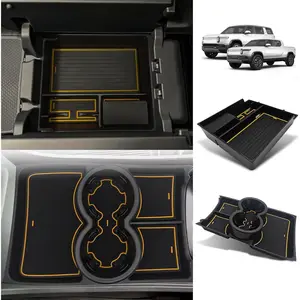 Upgraded V3 Armrest Storage Box and Cup Holder Lower Center Console Organizer Tray with PVC Trim Removable Coin Holder Compatible with Rivian R1T/R1S 2022-2024 (V3 Console+Lower Tray Yellow)