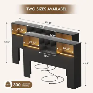 Apicizon 81" King Size Headboard Only, Black Storage Headboard with USB for King Size Bedroom, Wood Head Board with 2 LED Lights, Black Bookshelf