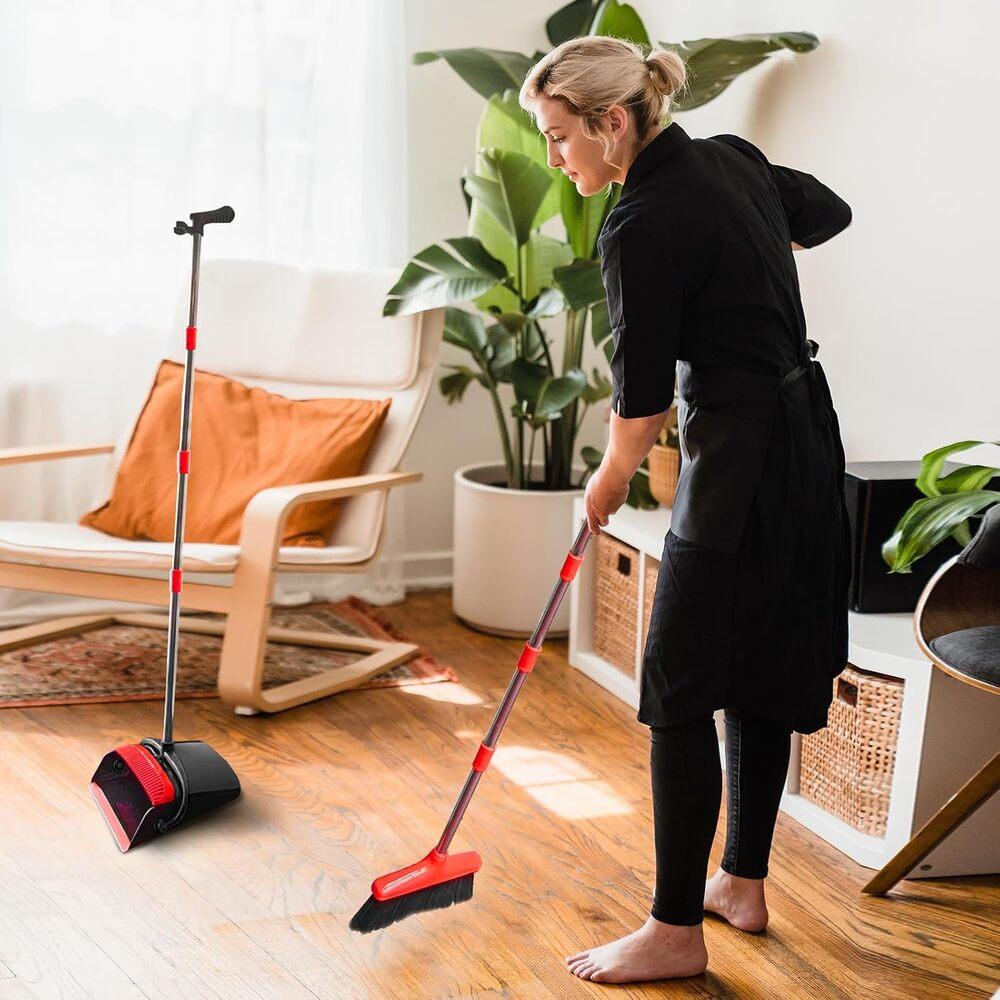 Black & Red Broom and Dustpan Set, Smooth Anti-Scratch Bristles, Hardwood Tile-Friendly, Durable Handle for Indoor Bedroom & Garage Floor Tidying