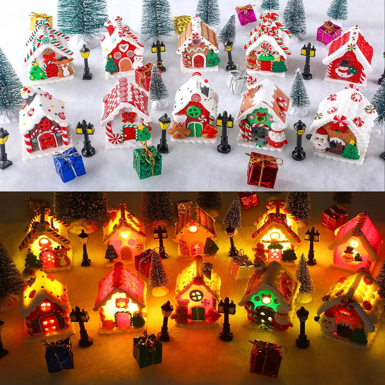 Shappy 48 Pcs Christmas Village Houses Town Buildings Accessories 10 Light up Christmas Village House 12 Mini Trees 12 LED Lights 2 Snow Blanket Box for DIY(Vintage Style)