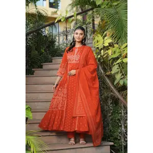 Orange Cotton Anarkali Kurta Set with Dupatta Ethnic A-Line Tiered Tunic & Pants for Women - Traditional Festive Wear