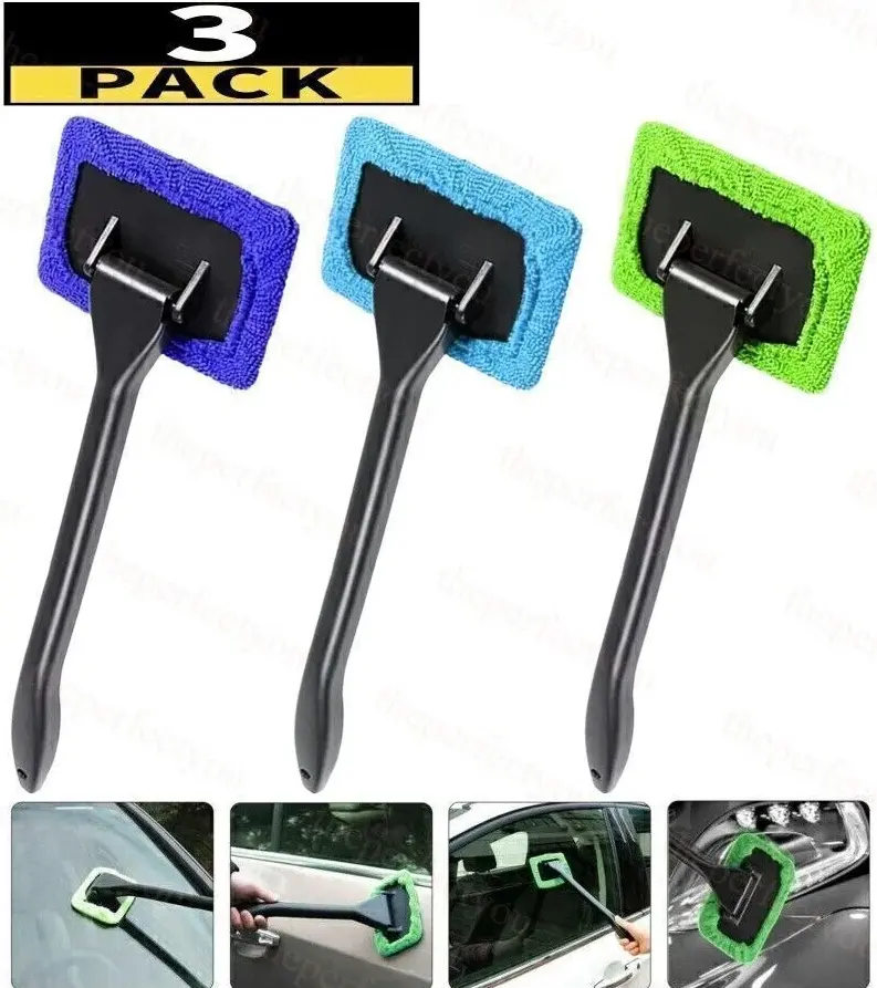 3-Piece Microfiber Car Window Cleaning Brush Set - Lightweight Handheld Auto Glass Cleaner, Removes Condensation, Smudges for Car Washing & Maintenance