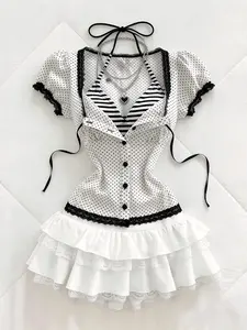 Women's Summer Polka Dot Bow Tie Waist Slim-Fitting Short Sleeve Shirt, Fashion Design Contrast Lace Patchwork Top Collared Top Blouse