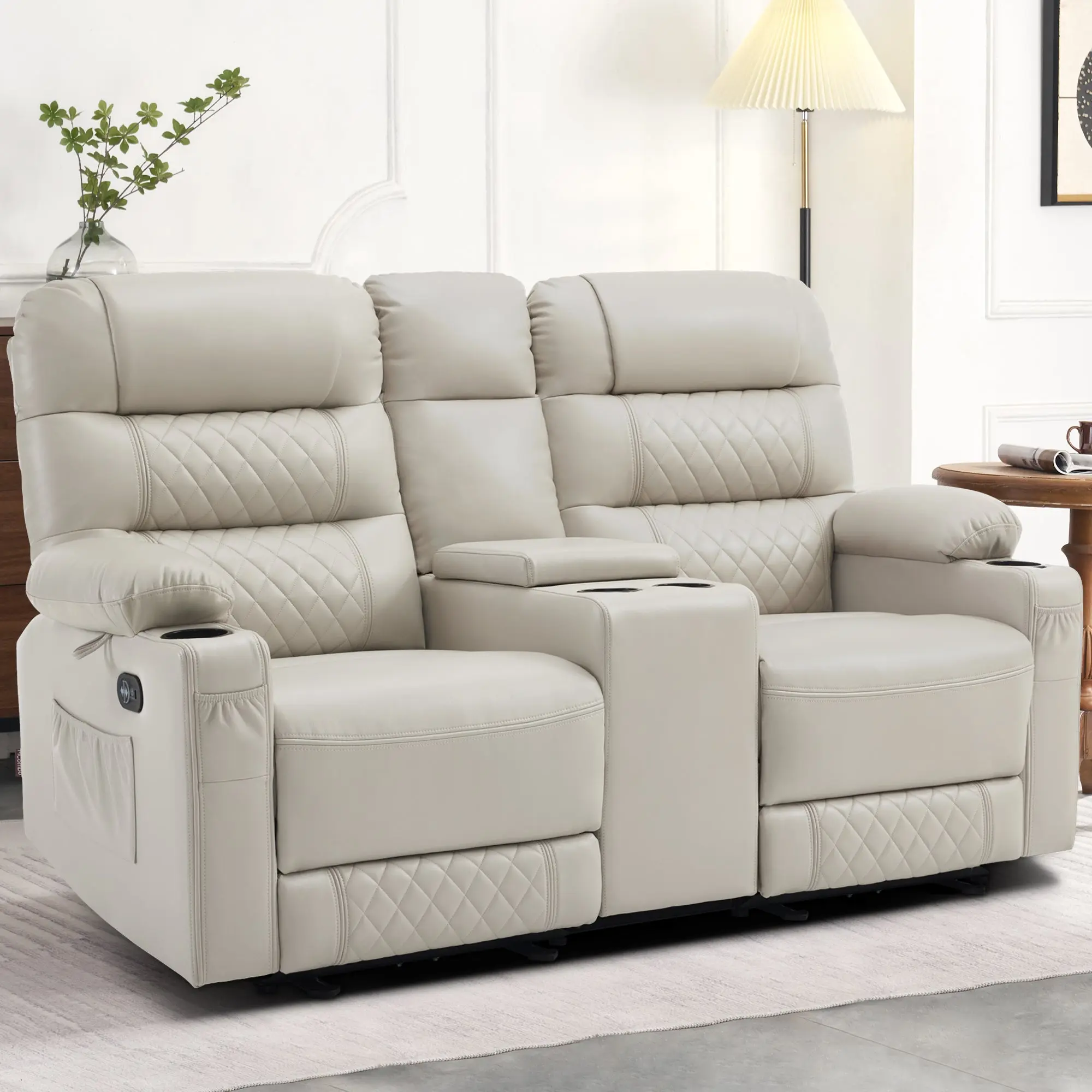 Faux Leather Power Reclining Loveseat with Console, Heat, Massage, Adjustable Ergonomic Design, Living Room Lounge Furniture, Storage (PR624)